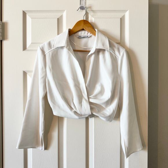 Zara Pleated Cropped Long Sleeve Top in White - Picture 5 of 11